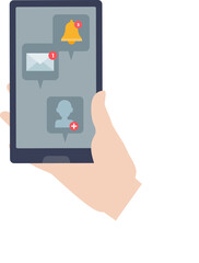 Hand holding a smartphone with various notification icons for messages, alerts, and friend requests.