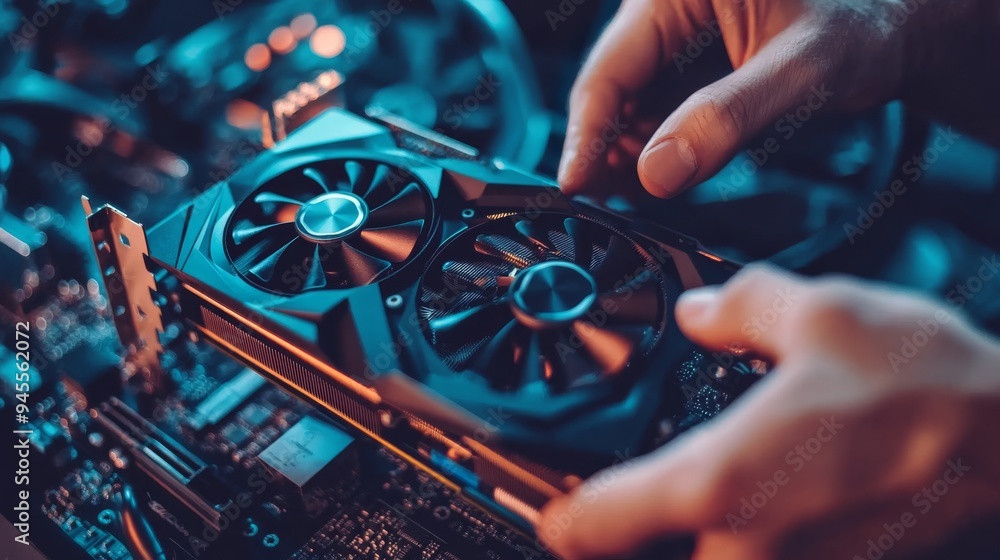 Fototapete Close-up of technical hands customizing a high-performance graphics card in computer shop.