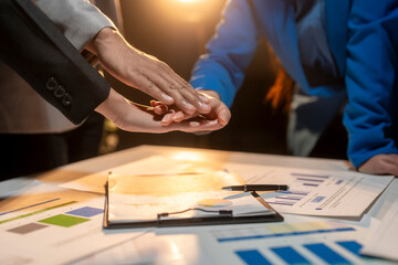 A group of people are shaking hands and one of them is holding a pen