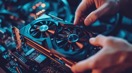 Close-up of technical hands customizing a high-performance graphics card in computer shop.