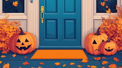 Halloween pumpkins at the entrance of a home, a doormat on the front porch with autumn leaves.