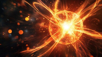 Naklejka premium Visual of nuclear fission showing an atom splitting into particles with intense energy and light scattering in a dramatic scene.