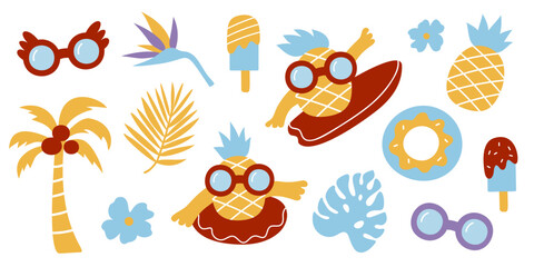 Set of fun summer illustrations in flat style. Pineapple cartoon, ice cream, sunglass, palm tree, and tropical elements. Concept of active vacation
