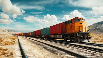 Obraz premium Cargo train loaded with containers, moving across a country border, symbolizing international trade