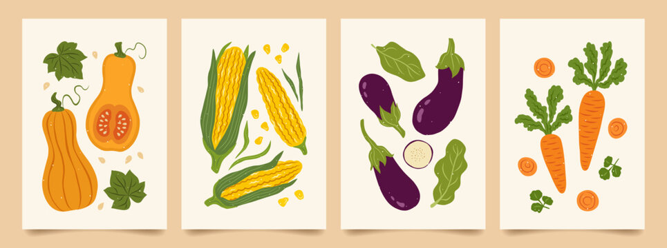 Set of abstract art print in vegetables. Modern poster with hand drawn pumpkins, carrot, corn cobs, eggplant. Autumn vegetables. Vector trendy illustration for wall decor, flyer, brochure, cover.