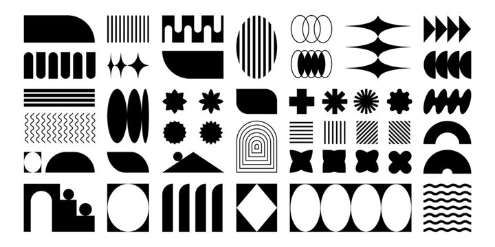 Abstract retro shapes, frames and symbols, basic brutal forms and figures in Y2K aesthetics, vintage stickers, logos, labels. Decorative design elements, vector illustration.