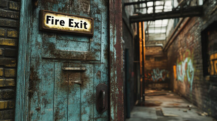 A weathered fire exit door in a narrow, graffitied alleyway, highlighting an urban environment with a sense of neglect and decay.