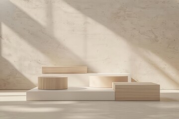 Empty podium product showcase, platform, stand with sunlight and shadow Empty podium product showcase, platform, stand with sunlight and shadow