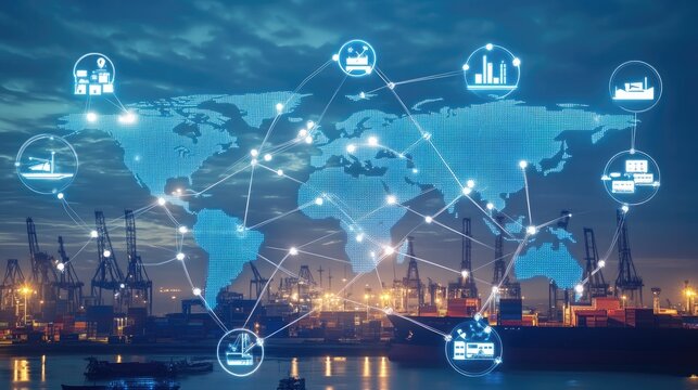 Digital concept of global trade, with icons representing various industries connected by trade routes on a world map