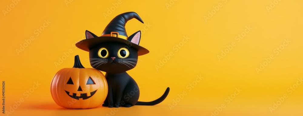 Wall mural 3d cartoon, a happy, cute black cat wearing a witch hat sitting next to a pumpkin with an orange bac