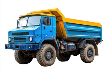 A blue dump truck with a yellow bed, designed for transporting materials.