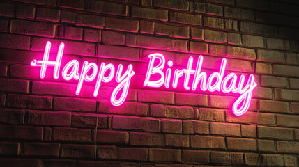 A neon pink "Happy Birthday" sign illuminated against a dark brick wall, creating a festive and vibrant celebratory ambiance.
