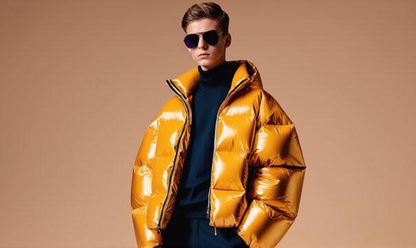 A man wearing a yellow puffer jacket stands in front of a beige background