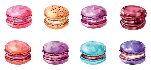 A set of appetizing french macaroon cakes png. Watercolor macaroons on a transparent background. Concept of desserts and sweets. Vector illustration.