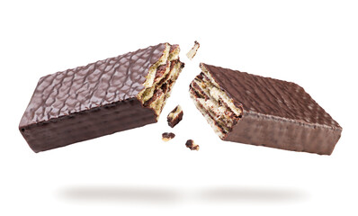 Chocolate covered wafer broken in half flying on white background. Isolated