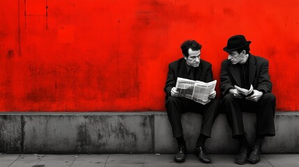 Graphic style of two people sitting reading the newspaper, red wall background, with space for writing.