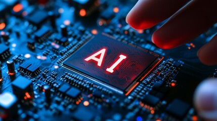 Computer engineer holding a CPU chip, on the surface of the chip is written "AI". , close-up photo