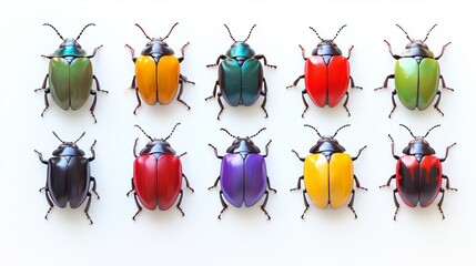 Collection of different types of beetles, different colors, top view.