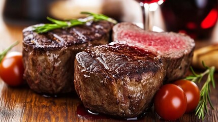 Delicious steaks, with rosemary and cherry tomatoes as decoration of the dish
