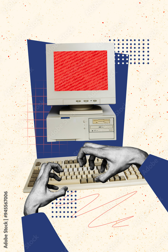 Poster composite trend artwork sketch image collage of two hands type laptop keypad office manager obsolete