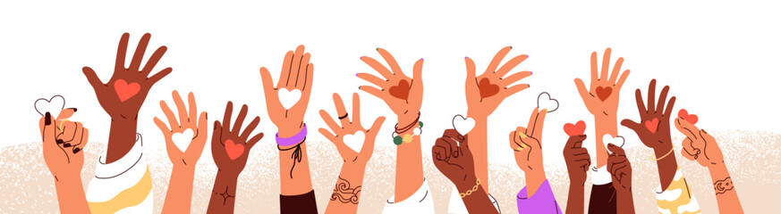 Hands holding hearts together, World Humanitarian Day banner. Volunteers, NGO crowd for charitable aid, help, charity, donation and support. Flat vector illustration isolated on white background