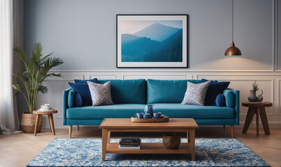 A living room with a blue couch, a coffee table, and a blue rug