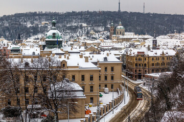 Fototapeta premium Winter aerial view of Mala strana (Lesser quartier) in Prague, Czech Republic