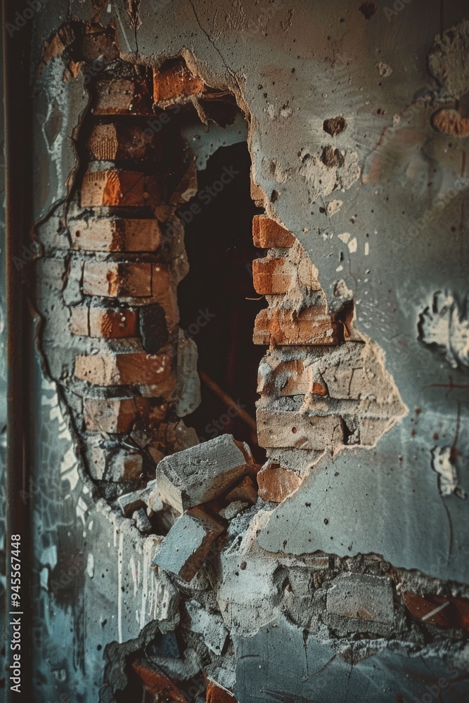 Poster a brick wall with a hole, suitable for use in scenes where a barrier needs to be breached or overcom