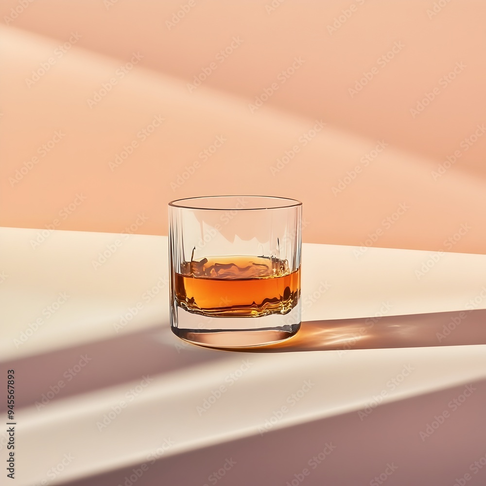 Poster a single sleek whiskey tumbler placed at the center of a plain uncluttered surface creating a sophis