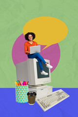 Vertical photo collage of happy american girl sit computer monitor type laptop text box office...