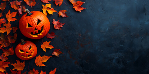 Fall-themed background with pumpkins and colorful leaves