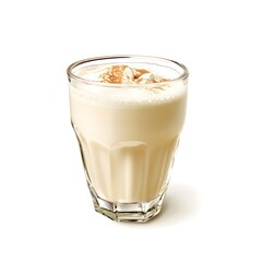 Closeup of an elegant glass filled with a creamy frothy milk punch beverage placed at the center of a clean white background  The transparent stemware showcases the indulgent alcoholic cocktail