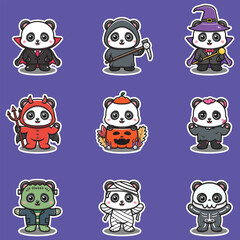 Illustration elements of group of Panda in halloween costumes. Halloween funny Panda . Stickers, illustration, banner, elements set