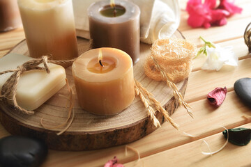 Body and mind wellness with products on wooden table