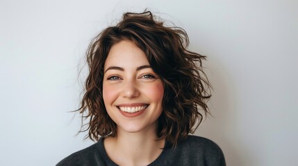 A woman with short wavy hair smiles at the camera.