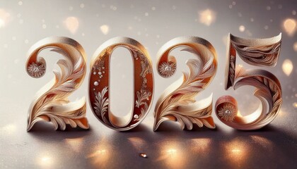 Ozdobne, trójwymiarowe cyfry tworzące napis 2025. Tło sylwestrowe lub noworoczne © Monika