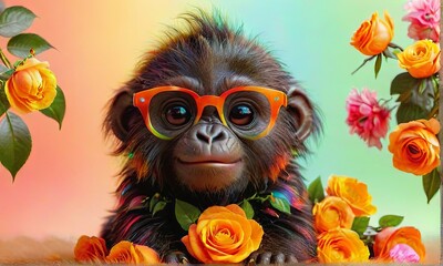 Adorable Baby Monkey with Orange Glasses