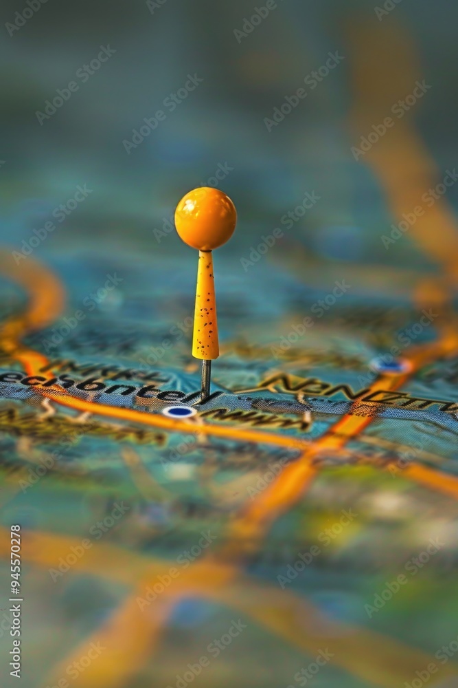 Poster A detailed shot of a map with a pin marking a specific location, ideal for travel or navigation purposes