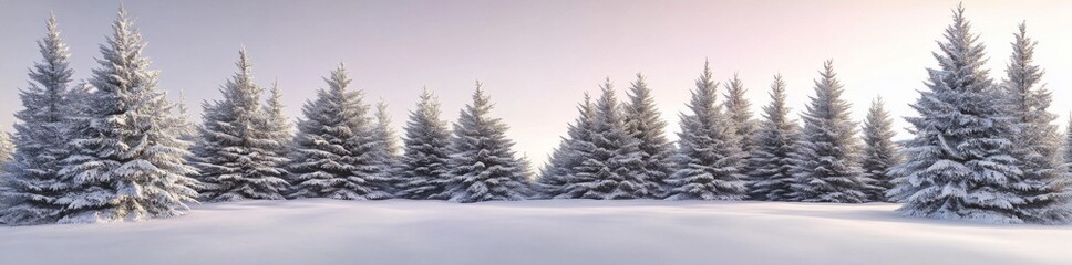 Fototapeta premium Pine trees covered in snow, a pale pink sky, a panoramic view