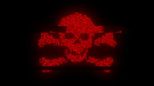 Skull pixelated icon with glitch effect. Looped cybercrime concept hacking animation. Hacker message with glitch effect. Security breach with skull icon. Hacking attack.