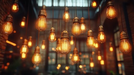 Fototapeta premium vintageinspired lighting installation with edison bulbs hanging at various lengths warm golden glow illuminates dark industrial space creating nostalgic ambiance