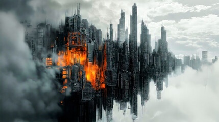 Obraz premium Futuristic city with skyscrapers is burning, generating fire and smoke, an illustration of a dystopian future