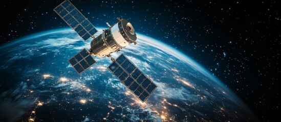 High-Resolution Satellite Orbiting Earth with Stunning Nighttime City Lights and Starry Sky