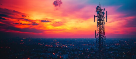 Stunning Sunset Over Cityscape with Communication Tower Silhouette Against Vibrant Sky