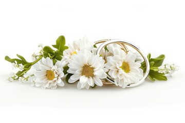 Obraz premium A beautiful bouquet of white flowers accompanied by a wedding ring, perfect for romantic occasions or sentimental purposes