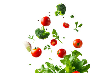Healthy salad vegetables group falling in the air with tomato, broccoli, lettuce and other isolated on background, green salad ingredient for eating.