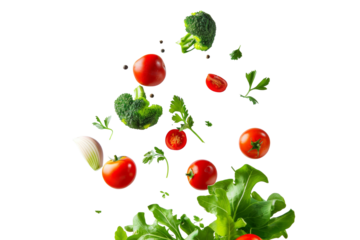 Healthy salad vegetables group falling in the air with tomato, broccoli, lettuce and other isolated on background, green salad ingredient for eating.