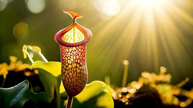 a pitcher plant  with  the sun  shining through it