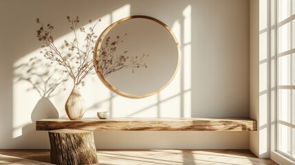 Interior design of a luxurious living room with a prominent huge circular mirror