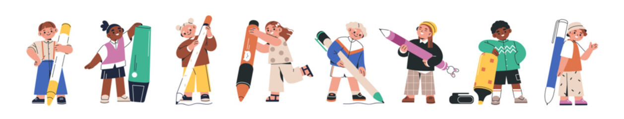 Cute children students drawing, writing with big huge pens, pencils and markers. Happy little kids, boys and girls holding large stationery. Flat vector illustrations set isolated on white background